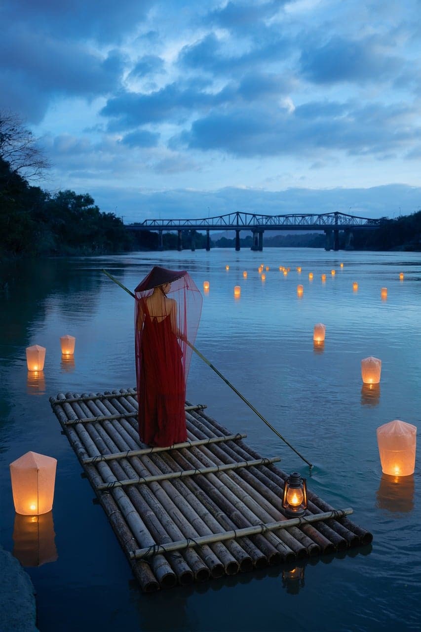 A view across the Thu Bon River in Hoi An at evening with paper lanterns floating downriver and the lantern-lit Ancient Town reflecting on the water